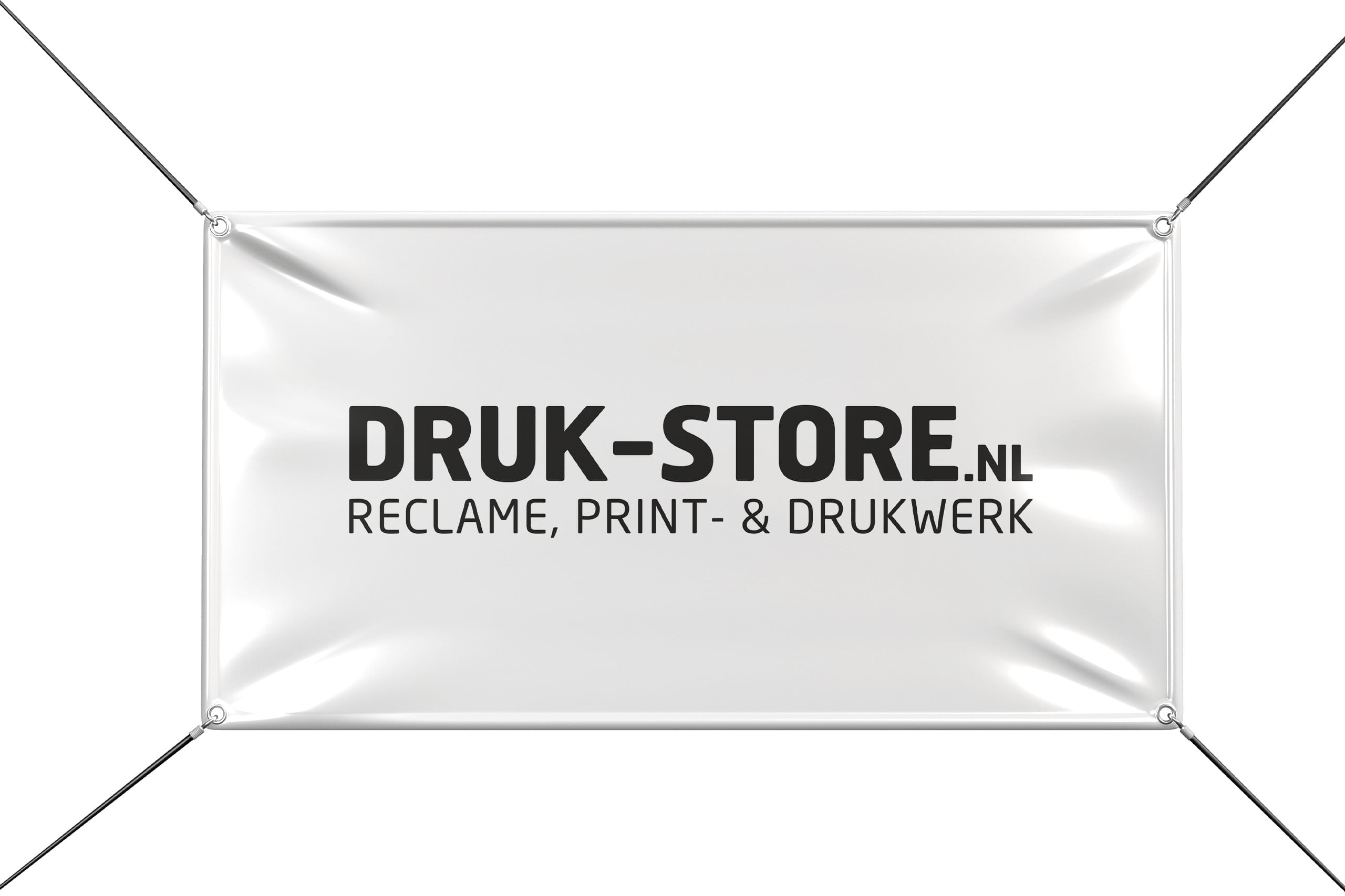 Vooraanzicht Witte banner bedrukt met het logo van Druk-Store