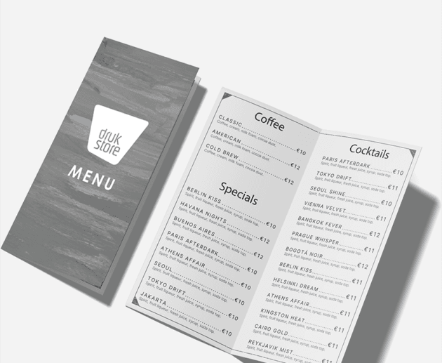 Menukaart Druk-Store voor- en binnnenaanzicht